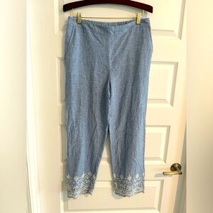 Chicos Linen Pants Blue White Embroidered Trim Size 8 Chicos 1